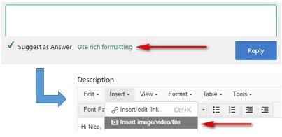 Screenshot showing Trados Studio interface with a 'Suggest as Answer' checkbox, a 'Use rich formatting' option, and a 'Reply' button indicated by red arrows. Below is a text editor with 'Description' and various formatting tools, including an 'Insert imagevideofile' button highlighted by a red arrow.