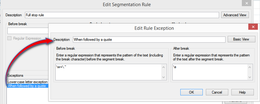 Trados Studio Edit Segmentation Rule dialog box showing an exception added for full stop rule when followed by a quote.