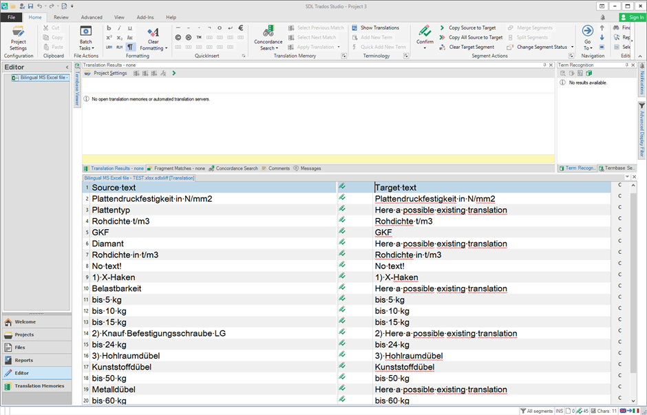 Trados Studio Editor window displaying the loaded bilingual MS Excel file with source and target text columns, but without the original Excel file's formatting.