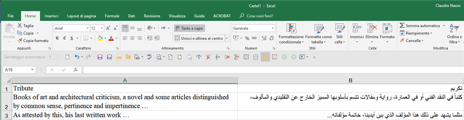 Screenshot of an MS Excel file with two columns, English text in column A and Arabic text in column B.