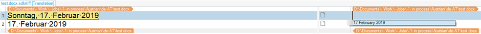 Trados Studio screenshot showing an unrecognized Austrian date 'Sonntag, 17. Februar 2019' in the source column and a blank target column.
