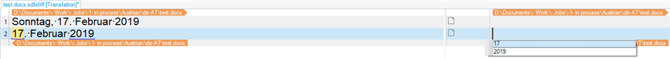 Trados Studio screenshot showing an unrecognized Austrian date '17. Februar 2019' in the source column and a blank target column.