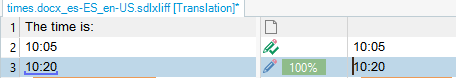 Trados Studio translation segment showing the source time '10:05' and the correctly autopropagated target time '10:05' with a 100% match.