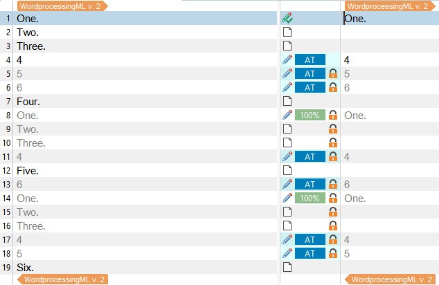 Screenshot of Trados Studio interface showing a list of text segments with some labeled as 'AT' and others showing 100% match, indicating repetitions and locked categories.