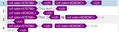 Screenshot of Trados Studio showing text with color-coded segments, including added text 'This test' and 'now what?' with no visible errors or warnings.