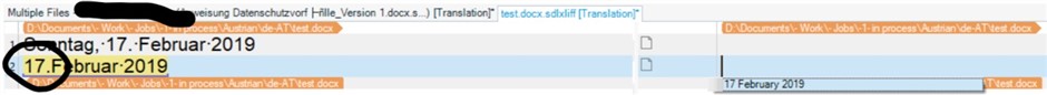 Screenshot of Trados Studio interface showing a highlighted date '17.Februar 2019' in the source text and '17 February 2019' in the target text segment.