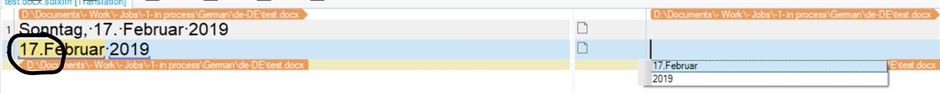Screenshot showing Trados Studio interface with a highlighted date '17.Februar 2019' not recognized in German due to missing space.