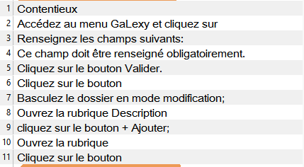 Screenshot of Trados Studio instructions in French, including steps to access the GaLexy menu, fill in required fields, validate, and modify a file.