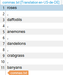 Screenshot of Trados Studio showing a text file with a list of words such as roses, daffodils, anemones, followed by commas, indicating segmentation points.