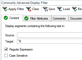 Trados Studio Advanced Display Filter dialog box with 'Regular Expression' checked and '$' entered in the Target field.