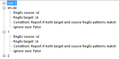 Screenshot of Trados Studio showing QA checker rules with RegEx patterns for source and target text, indicating a condition to report if both match, with ignore case set to false.
