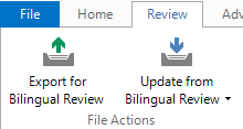 Trados Studio Review tab showing options to 'Export for Bilingual Review' and 'Update from Bilingual Review' under File Actions.