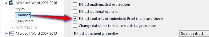 Trados Studio settings showing an option checked to 'Extract contents of embedded Excel charts and sheets' under Microsoft Word 2007-2016 Common settings.