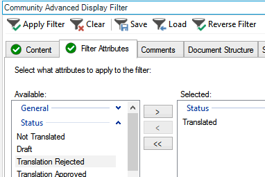 Trados Studio Advanced Display Filter dialog box showing 'Status' under Selected with 'Translated' highlighted.