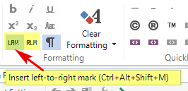 Trados Studio formatting toolbar with an arrow pointing to the 'Insert left-to-right mark' button with shortcut Ctrl+Alt+Shift+M.