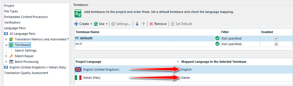 Screenshot of Trados Studio showing the Termbases section with a default termbase 'FC' mapped to English and Italian in the Project Language section.