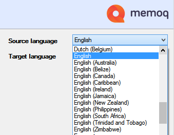 MemoQ language selection dropdown menu showing English with various country options but lacking a plain English option.