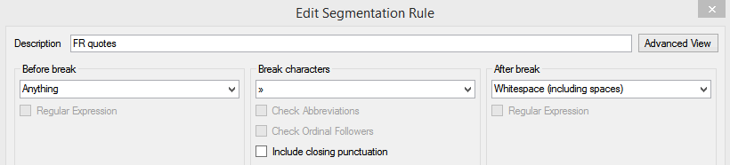 Trados Studio Edit Segmentation Rule dialog box showing a rule description 'FR quotes' with settings before break 'Anything', break characters ' ', and after break 'Whitespace (including spaces)'.