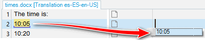 Trados Studio translation segment with time '10:05' highlighted and an arrow pointing to the confirmed translation '10:05'.