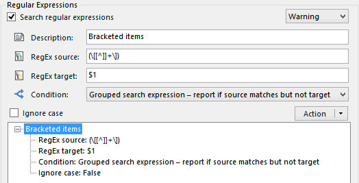 Regular Expressions window in Trados Studio with a warning for 'Bracketed items', showing the Regex source and target expressions used for grouped search.