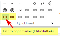 Trados Studio toolbar highlighting the new QuickInsert for 'Left to right marker' with shortcut Ctrl+Shift+4.