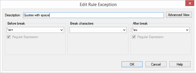 Screenshot of the 'Edit Rule Exception' dialog in Trados Studio with a description 'Quotes with space' and regular expression settings for segmentation rules.