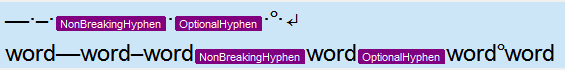 Screenshot of Trados Studio showing a sequence of words separated by different types of hyphens and spaces, including Em dash, En dash, Non-breaking hyphen, Optional hyphen, and Non-breaking space.