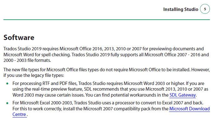 Screenshot of Trados Studio installation guide stating it requires Microsoft Office 2016, 2013, 2010, or 2007 for previewing documents and Microsoft Word for spell checking. It fully supports Microsoft Office 2007 - 2016 and 2000 - 2003 file formats.