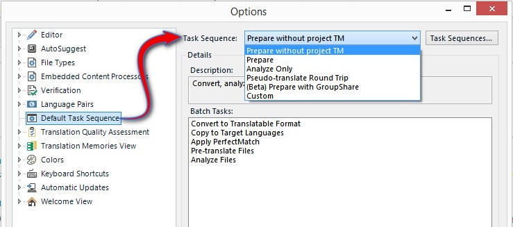 Trados Studio Options window showing Task Sequence dropdown with 'Prepare without project TM' selected and a red arrow pointing to it.