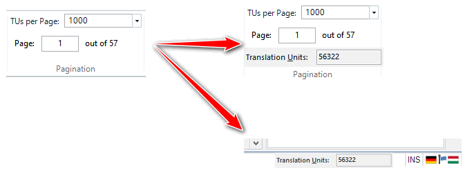 Screenshot of Trados Studio TM Maintenance View showing pagination settings with 'TUs per Page' set to 1000 and 'Page' indicator showing 1 out of 57.