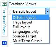 Dropdown menu in Trados Studio's Termbase Viewer showing options: Default layout, Flags layout, Full layout, Languages only, SourceTarget, MultiTerm Classic.