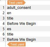 Screenshot of Trados Studio showing a YAML file with sections labeled 'adult_consent', 'en', 'title', 'Before We Begin', 'es', and 'Test.yaml'.