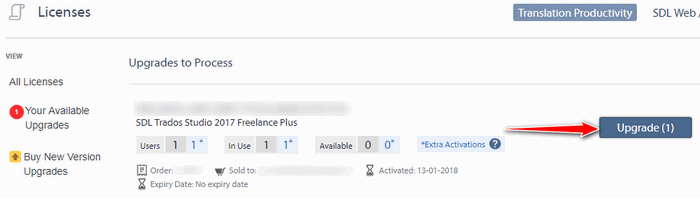 Trados Studio Licenses page showing available upgrade for SDL Trados Studio 2017 Freelance Plus with a red arrow pointing to the 'Upgrade (1)' button.