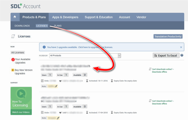 SDL Account Licenses page showing a notification for 2 upgrades available with a red arrow pointing to the upgrade link.