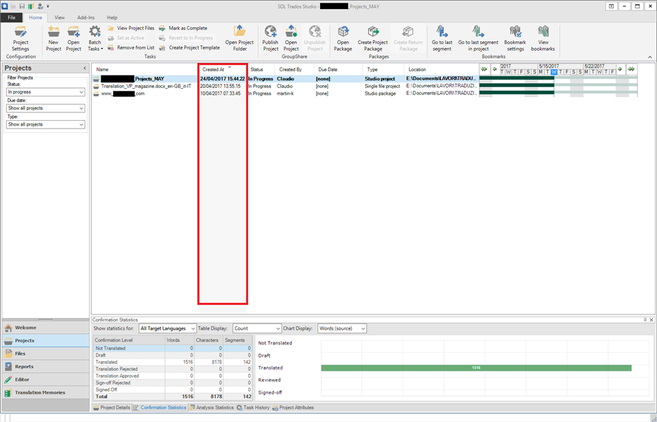 Trados Studio screenshot of the 'Projects view' with a list of projects. A 'Created at' column is visible, showing dates and times. The user's request for an 'Inserted at' column in the 'Files view' is not present in this view.