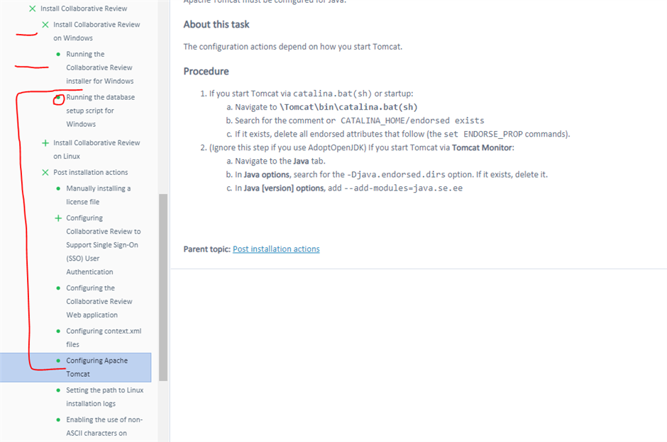 Screenshot of Trados Studio installation guide highlighting the 'Running the database setup script for Windows' section with a red box, indicating a potential error in the order of installation steps.