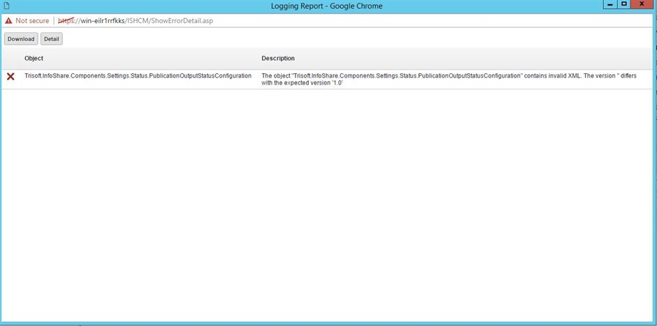 Error message in a web application on Google Chrome indicating an invalid XML. The message states 'Trisoft InfoShare Components Settings Status PublicationOutputStatusConfiguration contains invalid XML. The version differs with the expected version 1.0'.