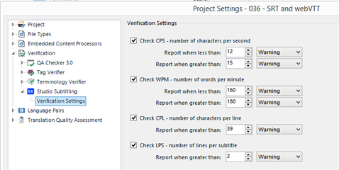Screenshot of Trados Studio Project Settings window, displaying Verification Settings for subtitle files with parameters for characters per second, words per minute, and lines per subtitle.