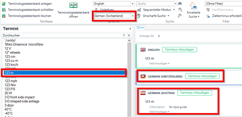 Trados Studio interface showing a termbase entry for '123 km' incorrectly assigned to German (Austria) instead of German (Switzerland).