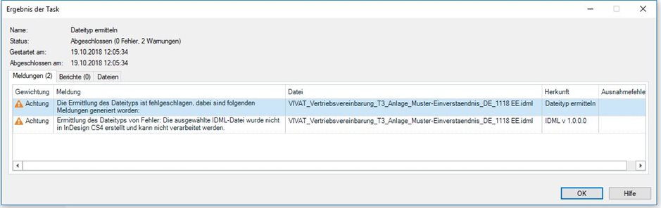 Trados Studio error message window showing two warnings. The first warning states 'Determining the data type has failed' and the second warning indicates an issue with the IDML file not being created in InDesign CS4 and cannot be processed.
