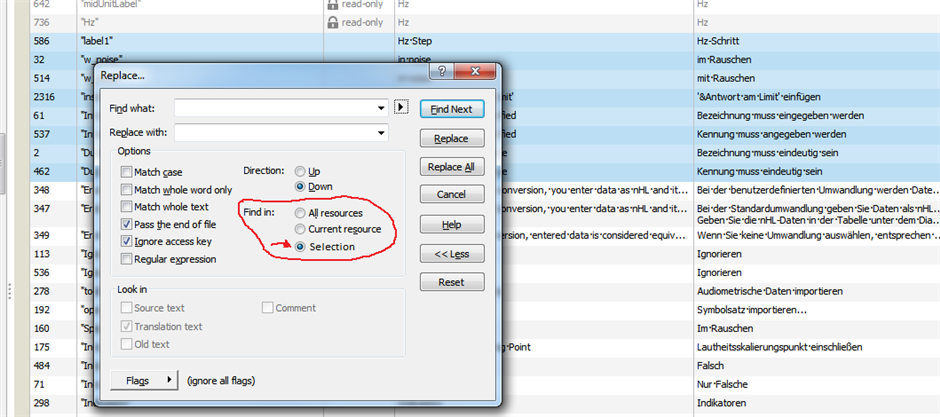 Passolo Ideas 'Replace' dialog box with 'Selection' option highlighted under 'Find in' indicating the ability to search and replace within a selected range of text.