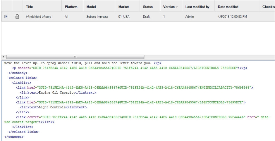 Screenshot of Trados Studio showing XML source code with conref elements and related links for a Windshield Wipers topic in a draft status, last modified by Admin.