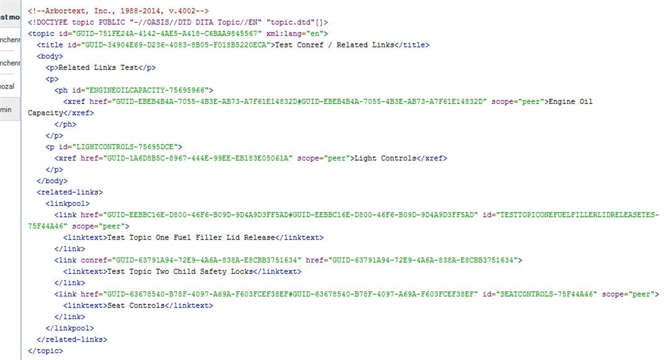 Screenshot of Trados Studio showing XML code with a focus on the last link element with ID 'SEATCONTROLS-75F44A46' intended for conref targeting.