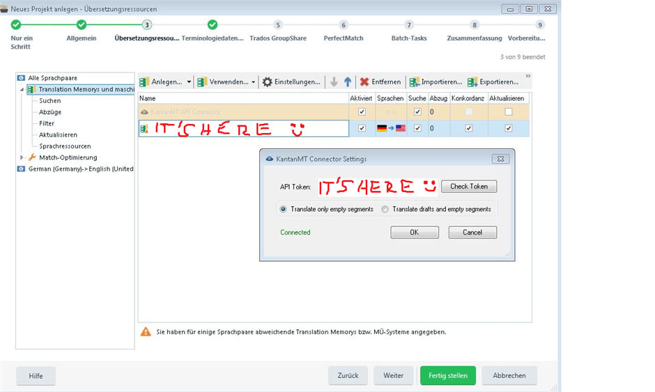 Screenshot of Trados Studio 2019 SR1 showing the 'Neues Projekt anlegen - Uebersetzungsressourcen' window with no option to select Kantan MT profile. Red scribbles and text 'IT'S HERE :)' and 'IT'S HERE :)' are present, indicating an error or missing feature.