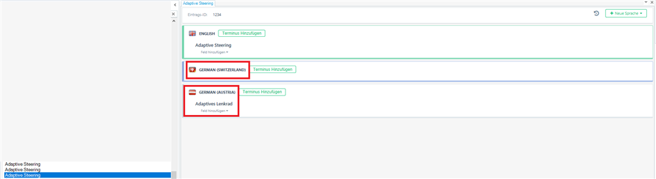 Screenshot of Trados Studio with an error in Multiterm 2017 where the Swiss term is incorrectly labeled as Austrian after import.