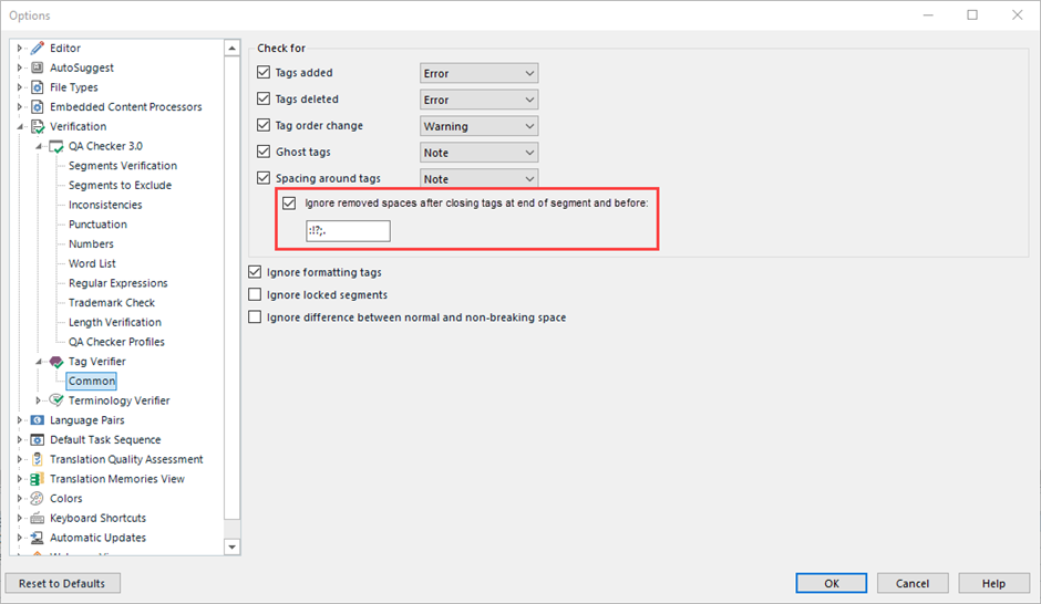Screenshot of Trados Studio Ideas tag verifier settings showing an option to ignore removed spaces after closing tags at the end of a segment and before specified punctuation marks.