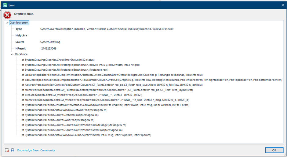 Screenshot of Trados Studio displaying an 'Overflow error' message box with details including Type as System.OverflowException and a stack trace with multiple system references.