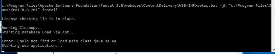 Command prompt showing error during setup of Collab Review 7.7. Error message reads 'Could not find or load main class java.se.ee' after attempting to start database load.