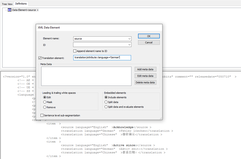 Trados Studio custom XML parser configuration window with an XML Data Element dialog box open showing 'source' as Element name and 'translation@attribute:language=German' as Translation element.