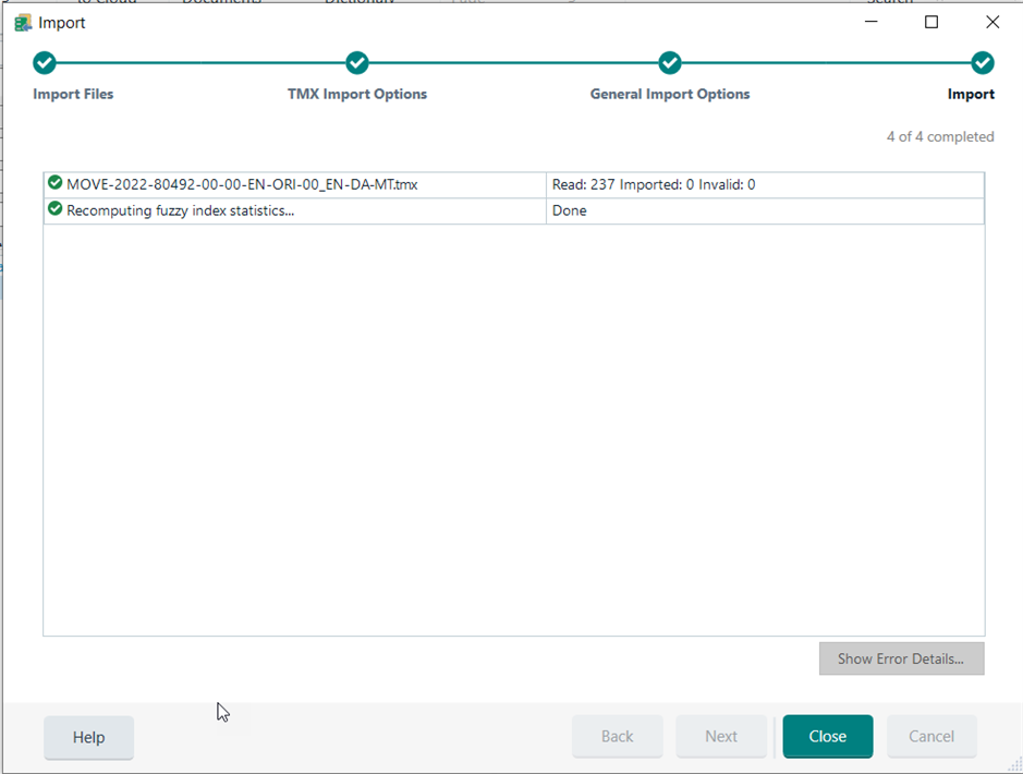 Trados Studio import window showing TMX import options with a file named 'MOVE-2022-80492-00-00-EN-ORI-00_EN-DA-MT.tmx'. The import summary indicates 237 entries read, 0 imported, 0 invalid. A message 'Recomputing fuzzy index statistics...' is displayed with a 'Done' status.